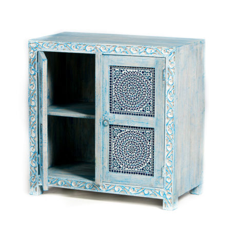 Oosterse kast | Blauw | Lichtblauw | Massief hout | 2 deuren | Glasmozaïek | Oosterse inrichting | India meubelen | Moderne Oosterse meubelen | Houtsnijwerk | Beste prijzen online!